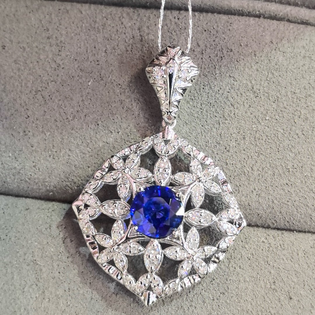 14k Gold 1.42 Ctw Natural Sapphire & Diamond Pendant( Without Chain ) - 2