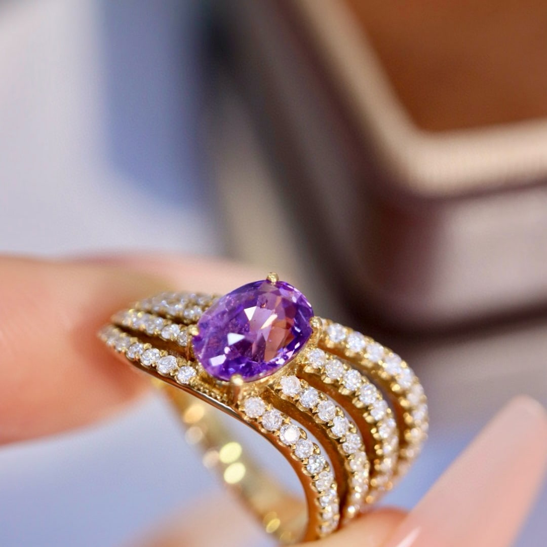 14k Gold 2.29 Ctw Natural Sapphire & Diamond Ring: Ref:230958243 // gold content:14k gold // ring size:7. 25us // // main gemstone:sapphire // shape:oval // carat weight:1. 73ct // color:purple // treatment:natural // // adjacent gemstone 2 : diamond