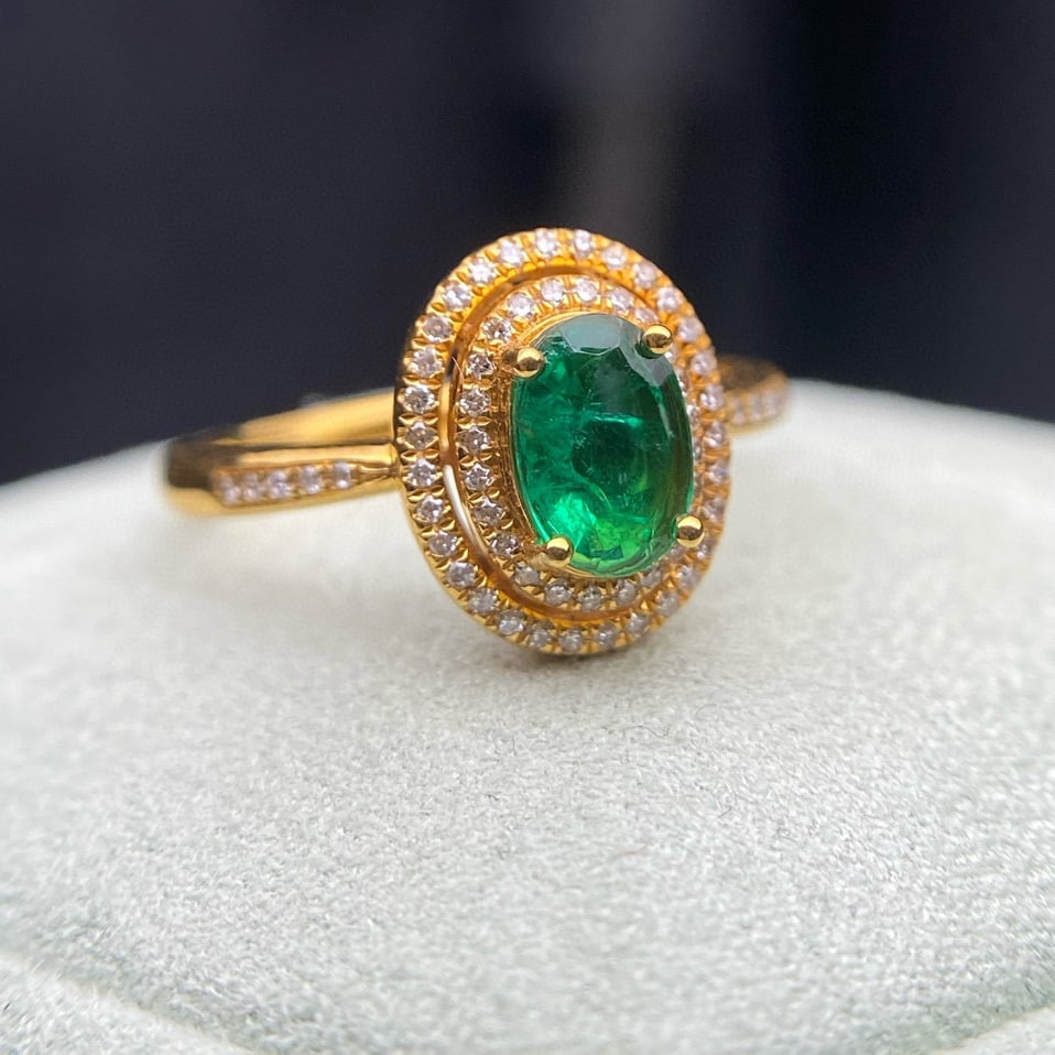 14k Gold 0.55 Ct Vivid Green Natural Emerald & Diamond Ring - 2