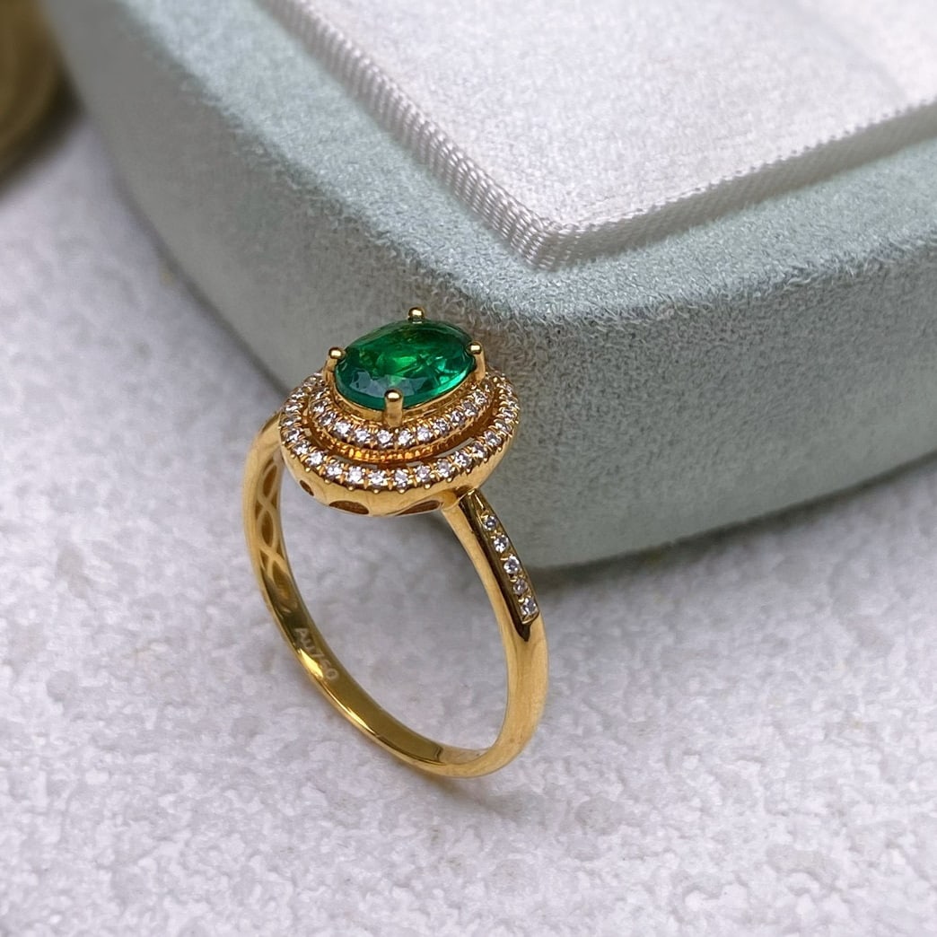 14k Gold 0.55 Ct Vivid Green Natural Emerald & Diamond Ring - 4