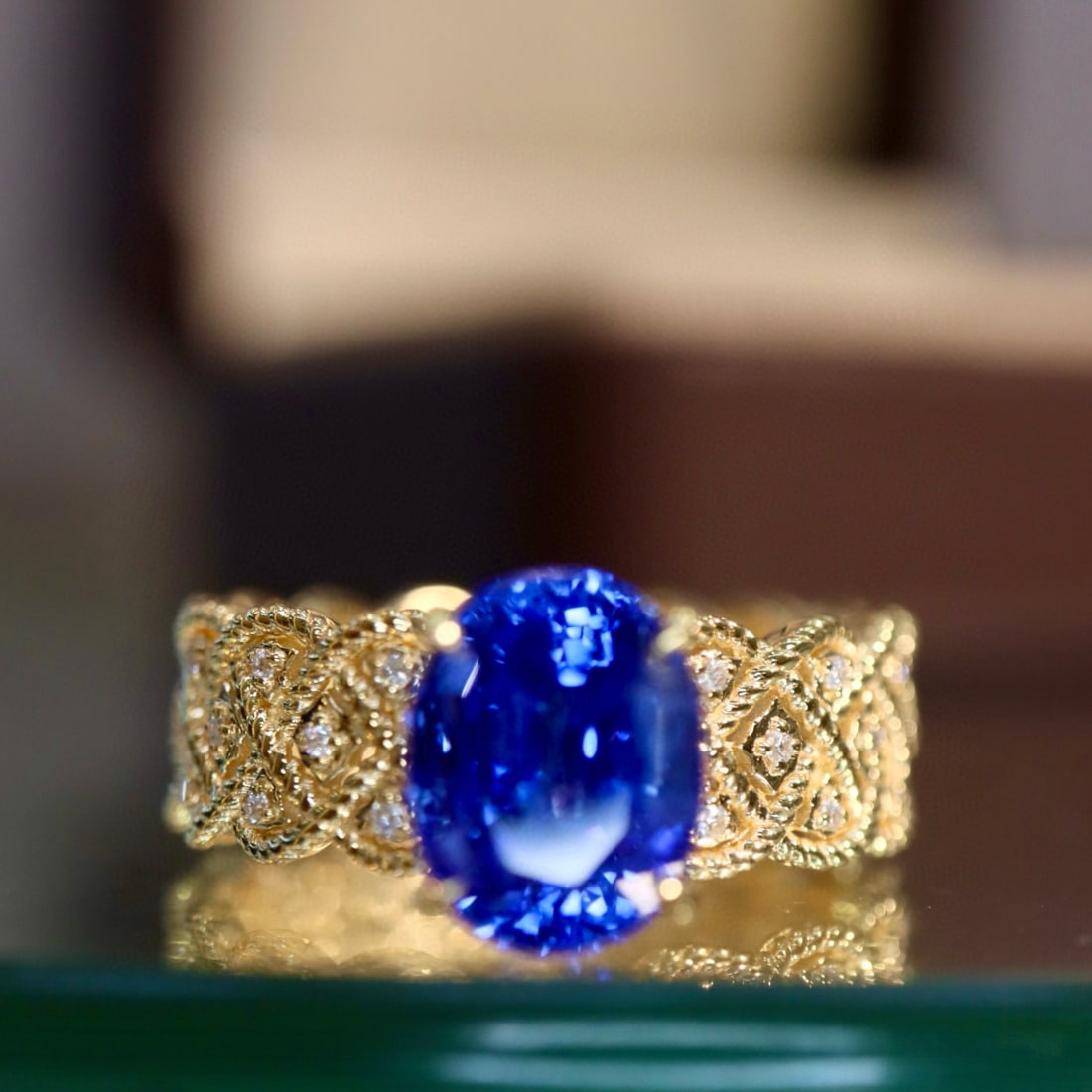14k Gold 2.43 Ctw Natural Sapphire & Diamond Ring: Ref:230958253 // gold content:14k gold // ring size:7. 25us // // main gemstone:sapphire // shape:oval // carat weight:2. 39ct // color:blue // treatment:natural // // adjacent gemstone 2 :