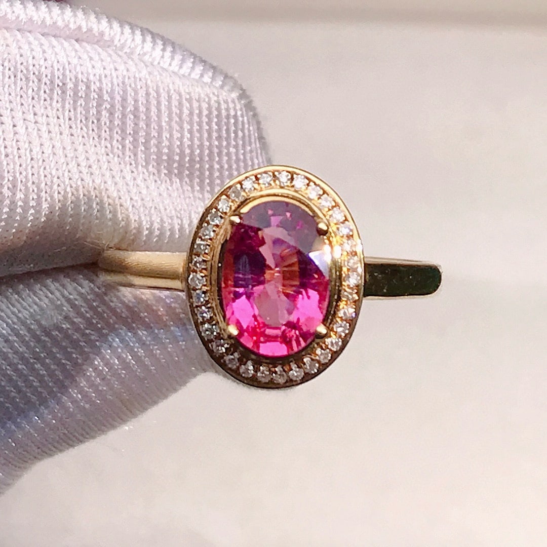 14k Gold 0.95 Ctw Natural Tourmaline & Diamond Ring: Ref:230958258 // gold content:14k gold // ring size:7. 25us // // main gemstone:tourmaline // shape:oval // carat weight:0. 85ct // color:pink // treatment:natural // // adjacent gemstone 2 : diamond