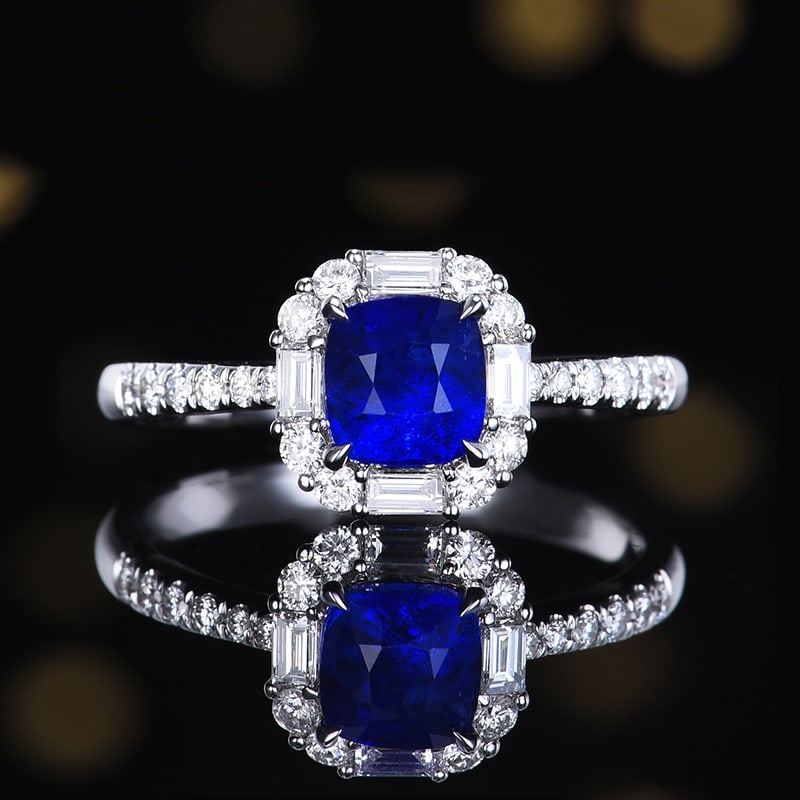 14k Gold 1.69 Ctw Natural Sapphire & Diamond Ring: Ref:230958268 // gold content:14k gold // ring size:7. 25us // // main gemstone:sapphire // shape:cushion // carat weight:1. 24ct // color:royal blue // treatment:natural // // adjacent gemstone 2 : d