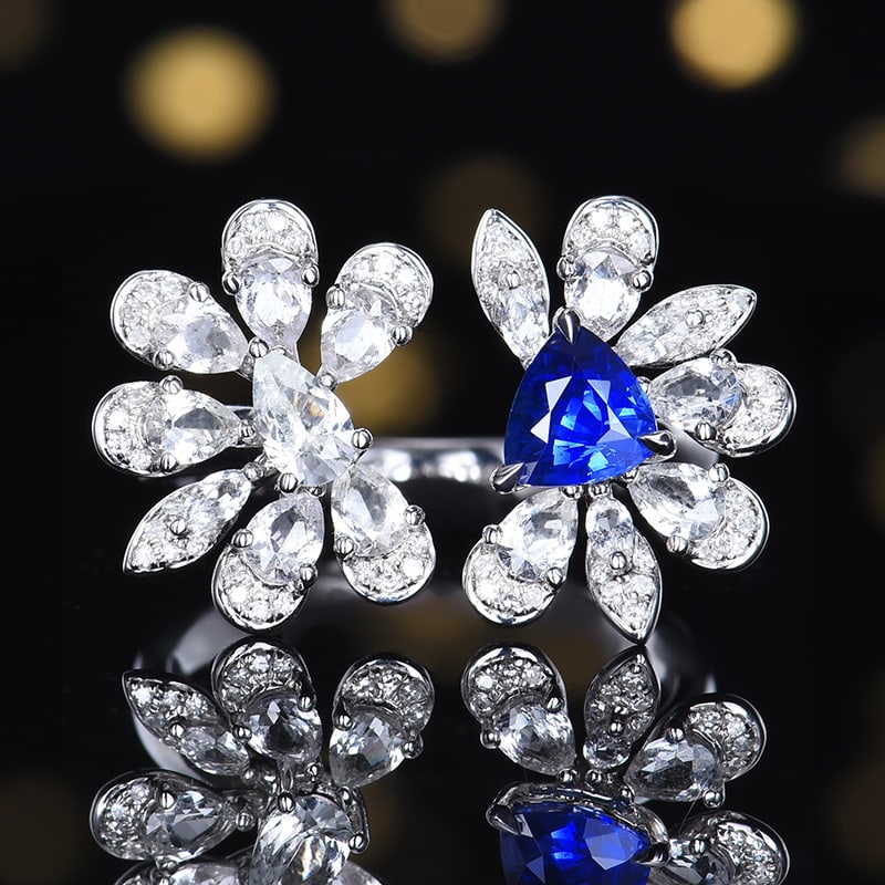 14k Gold 0.95 Ctw Natural Sapphire & Diamond Ring: Ref:230958270 // gold content:14k gold // ring size:7. 25us // // main gemstone:sapphire // shape:triangle // carat weight:0. 8ct // color:royal blue // treatment:natural // // adjacent gemstone 2