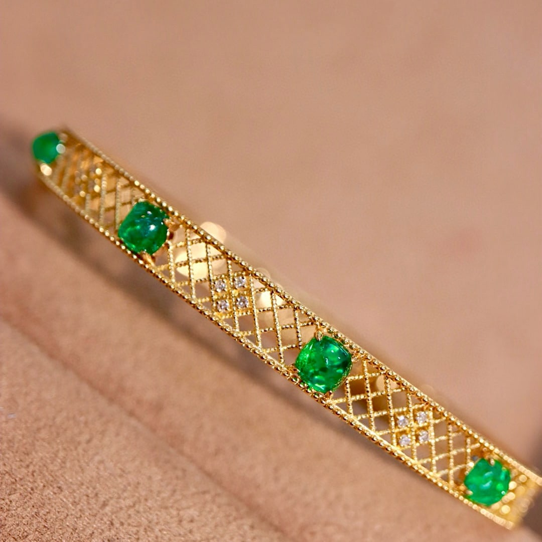 14k Gold 2.98 Ctw Natural Emerald & Diamond Bangle - 3