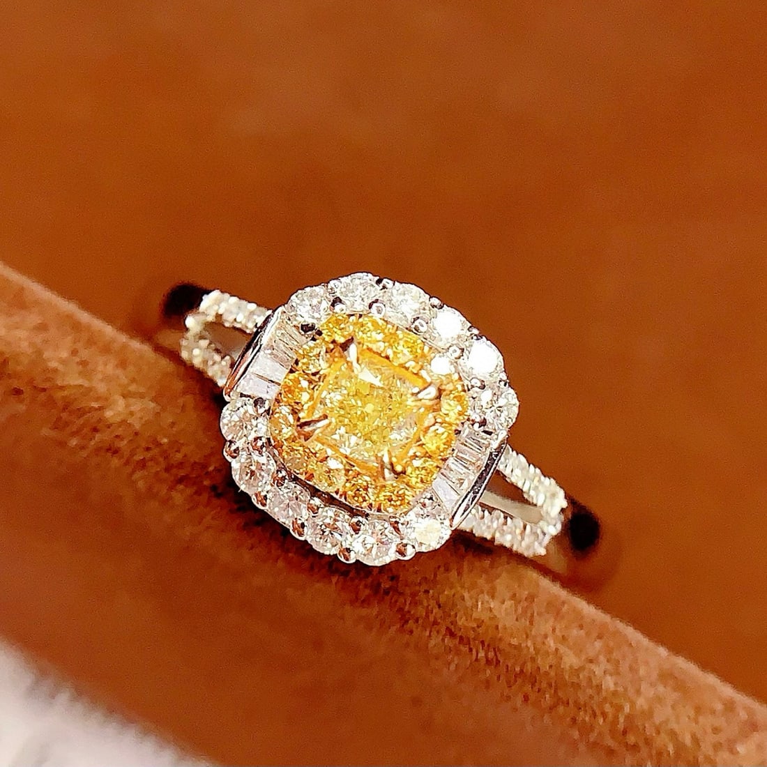 14k Gold 0.26 Ct Natural Yellow Diamond & Diamond Ring: Ref:230958301 // gold content:14k gold // ring size:7. 25us // // main gemstone:yellow diamond // shape:cushion // carat weight:0. 26ct // color:yellow // treatment:natural // // adjacent gemstone