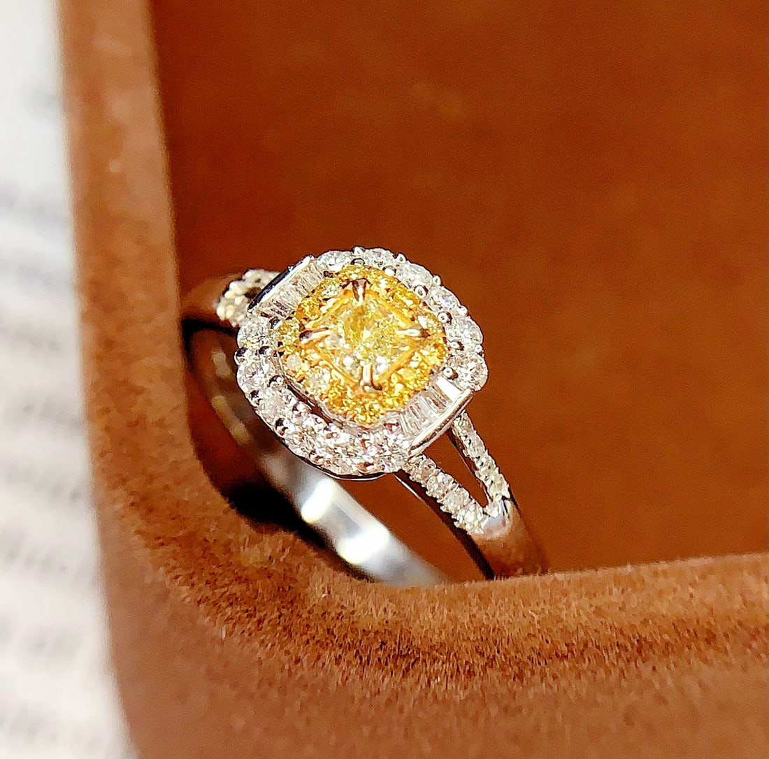 14k Gold 0.26 Ct Natural Yellow Diamond & Diamond Ring - 5