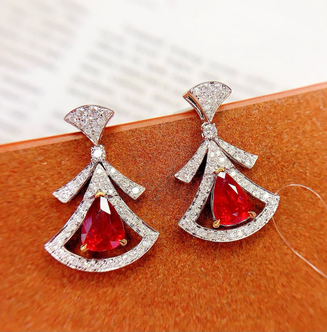14k Gold 2.2 Ct Vivid Red Natural Ruby & Diamond Earrings - 2