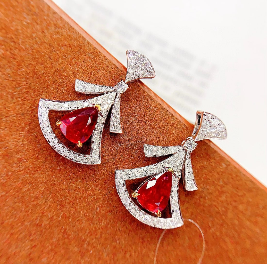 14k Gold 2.2 Ct Vivid Red Natural Ruby & Diamond Earrings - 4