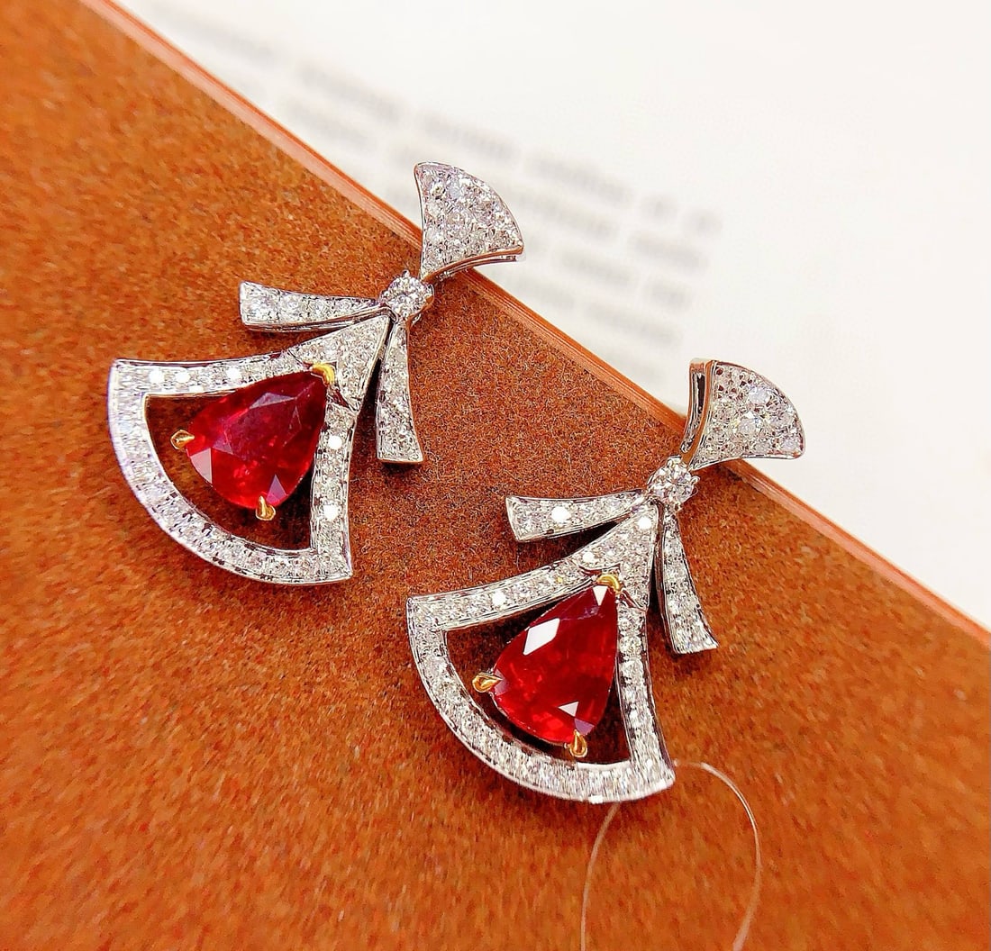 14k Gold 2.2 Ct Vivid Red Natural Ruby & Diamond Earrings - 5