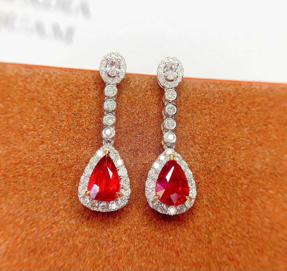 14k Gold 2.4 Ct Natural Ruby & Diamond Earrings - 6