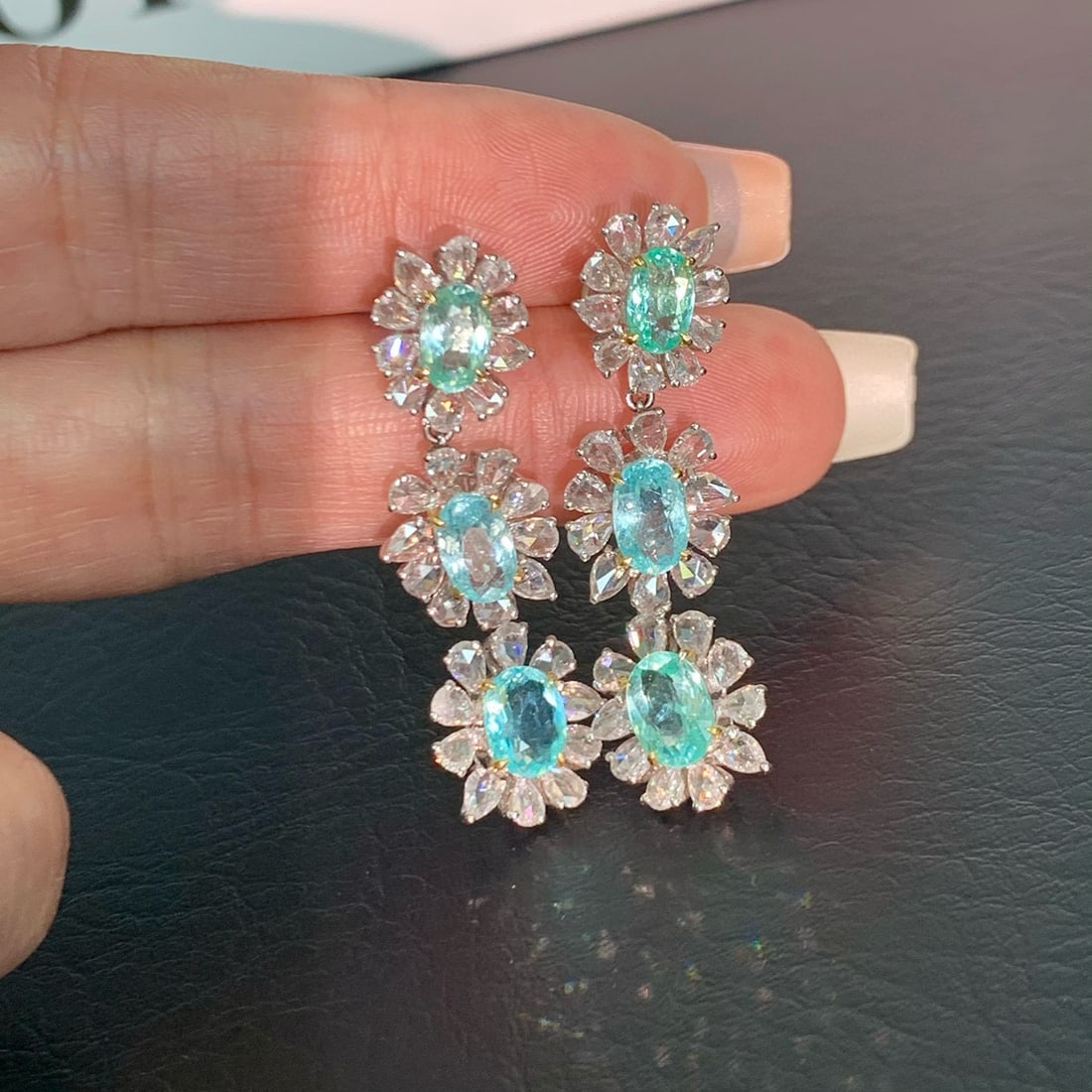 14k Gold 7.97 Ctw Natural Paraiba Tourmaline & Diamond Earrings: Ref:230958338 // gold content:14k gold // main gemstone:paraiba tourmaline // shape:oval // carat weight:5. 12ct // color:greenish blue // treatment:natural // // adjacent gemstone 2 : diamond //