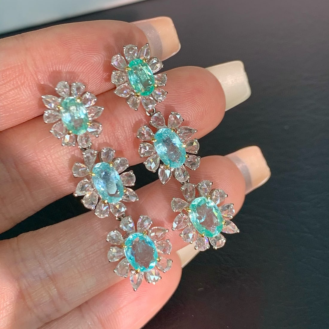 14k Gold 7.97 Ctw Natural Paraiba Tourmaline & Diamond Earrings - 4