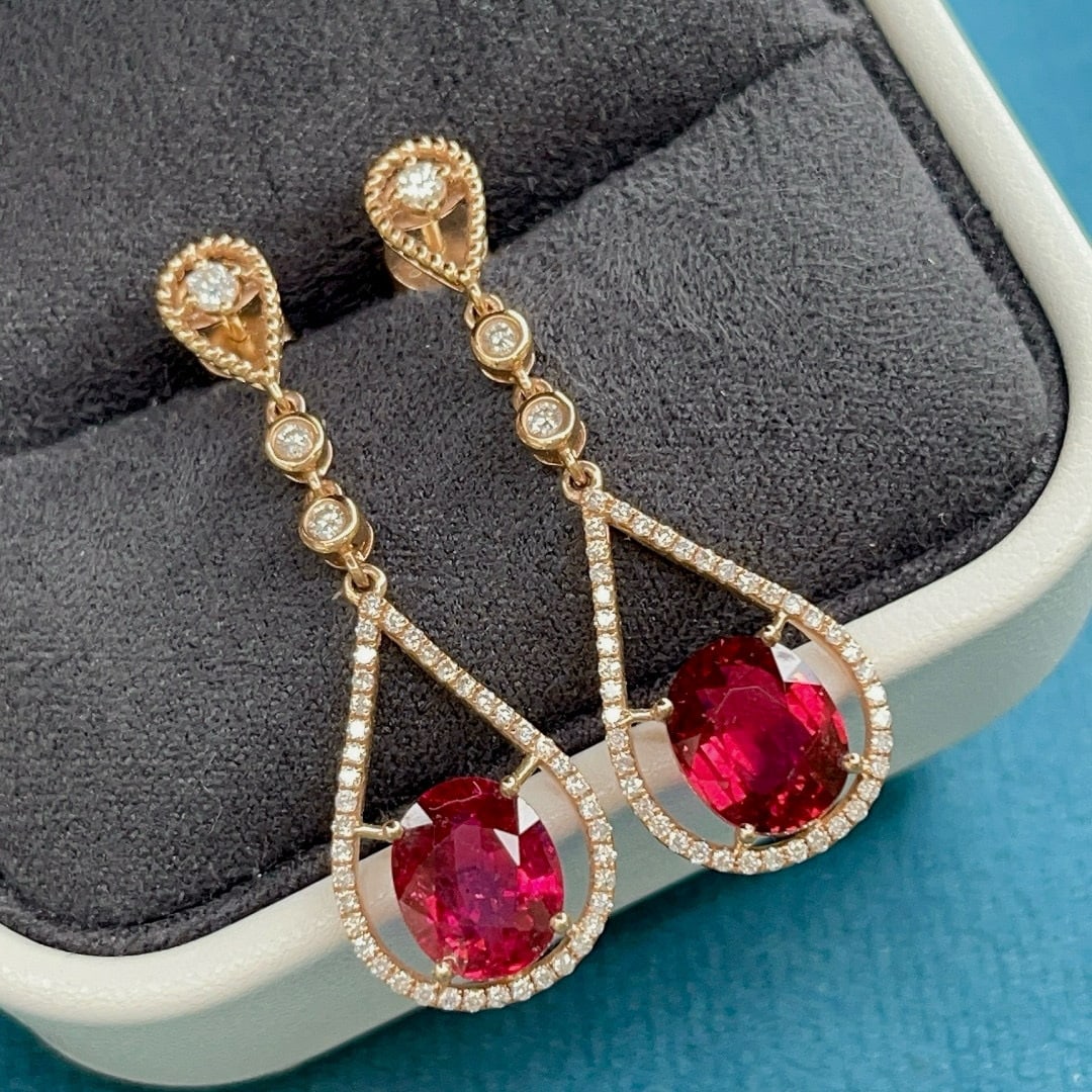 14k Gold 5.20 Ctw Natural Tourmaline & Diamond Earrings: Ref:230958352 // gold content:14k gold // main gemstone:tourmaline // shape:oval // carat weight:4. 60ct // color:red // treatment:natural // // adjacent gemstone 2 : diamond // shape:round // carat w