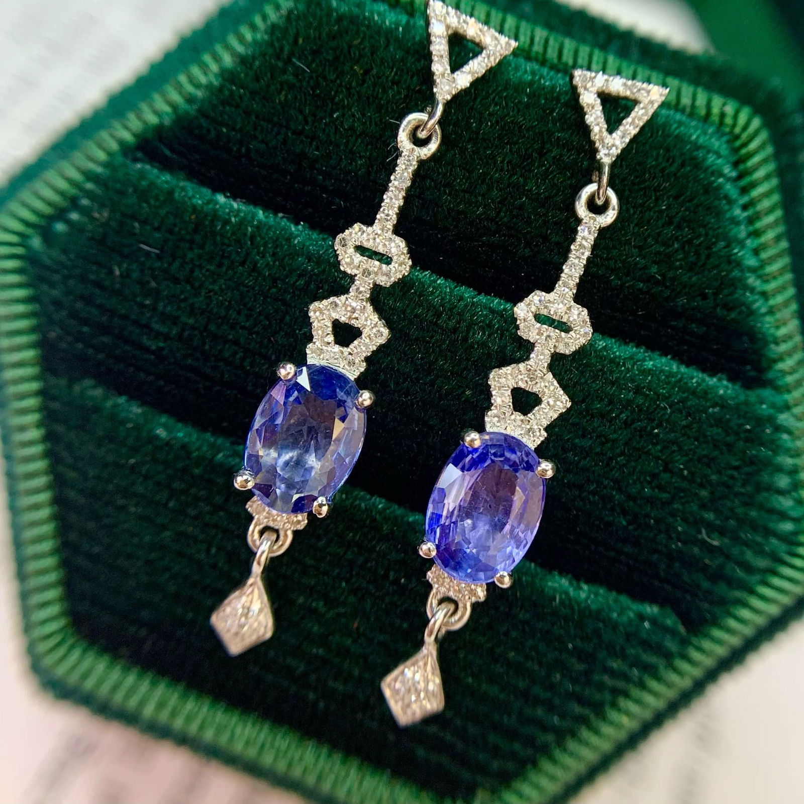 14k Gold 2.1 Ct Natural Sapphire & Diamond Earrings - 4