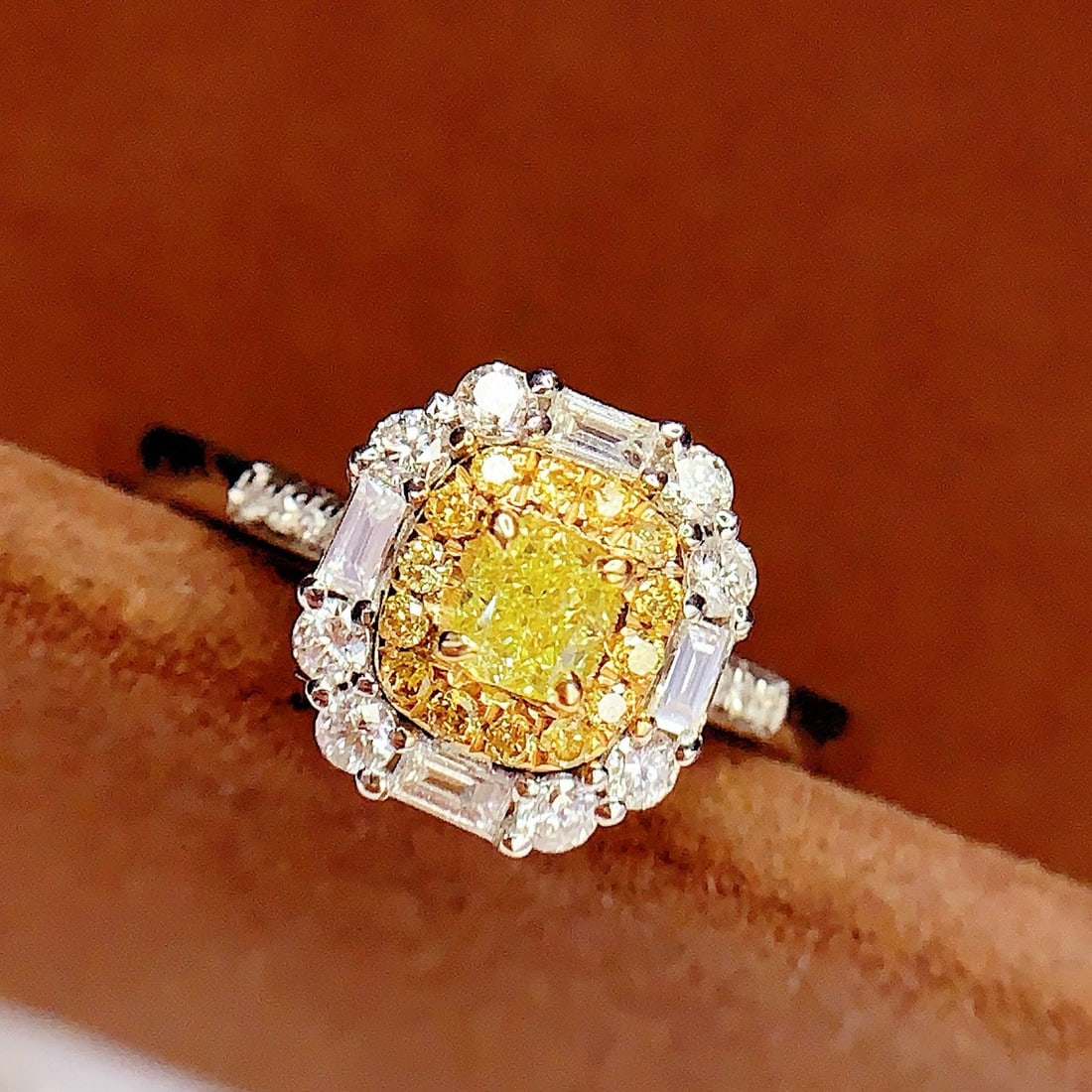 14k Gold 0.29 Ct Natural Yellow Diamond & Diamond Ring: Ref:230958402 // gold content:14k gold // ring size:7. 25us // // main gemstone:yellow diamond // shape:cushion // carat weight:0. 29ct // color:yellow // treatment:natural // // adjacent gemstone