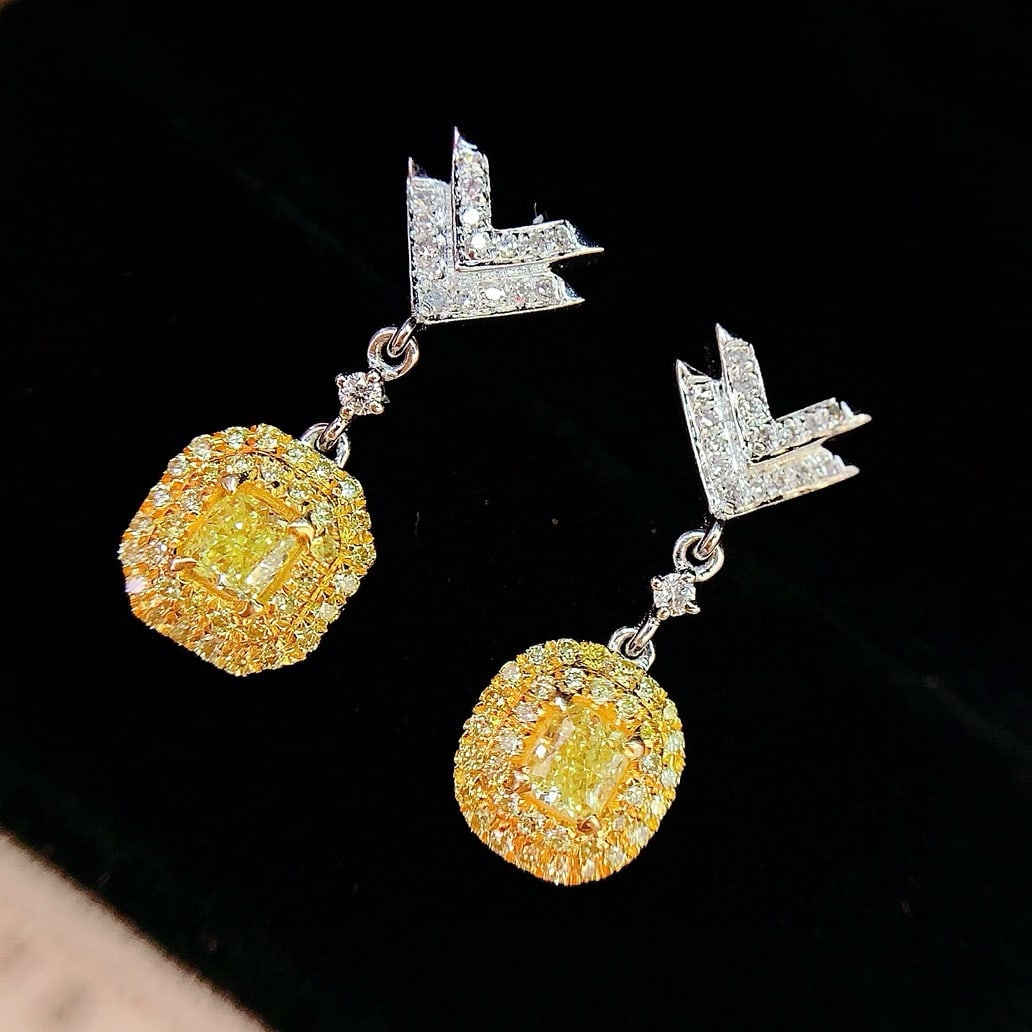 14k Gold 0.75 Ct Natural Yellow Diamond & Diamond Earrings - 2