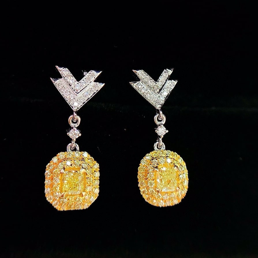 14k Gold 0.75 Ct Natural Yellow Diamond & Diamond Earrings - 3