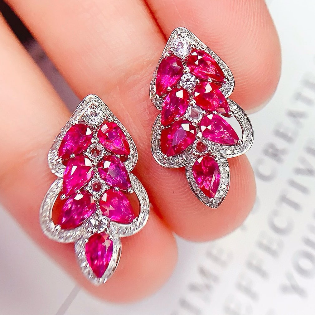 14k Gold 6.25 Ct Natural Ruby & Diamond Earrings - 2