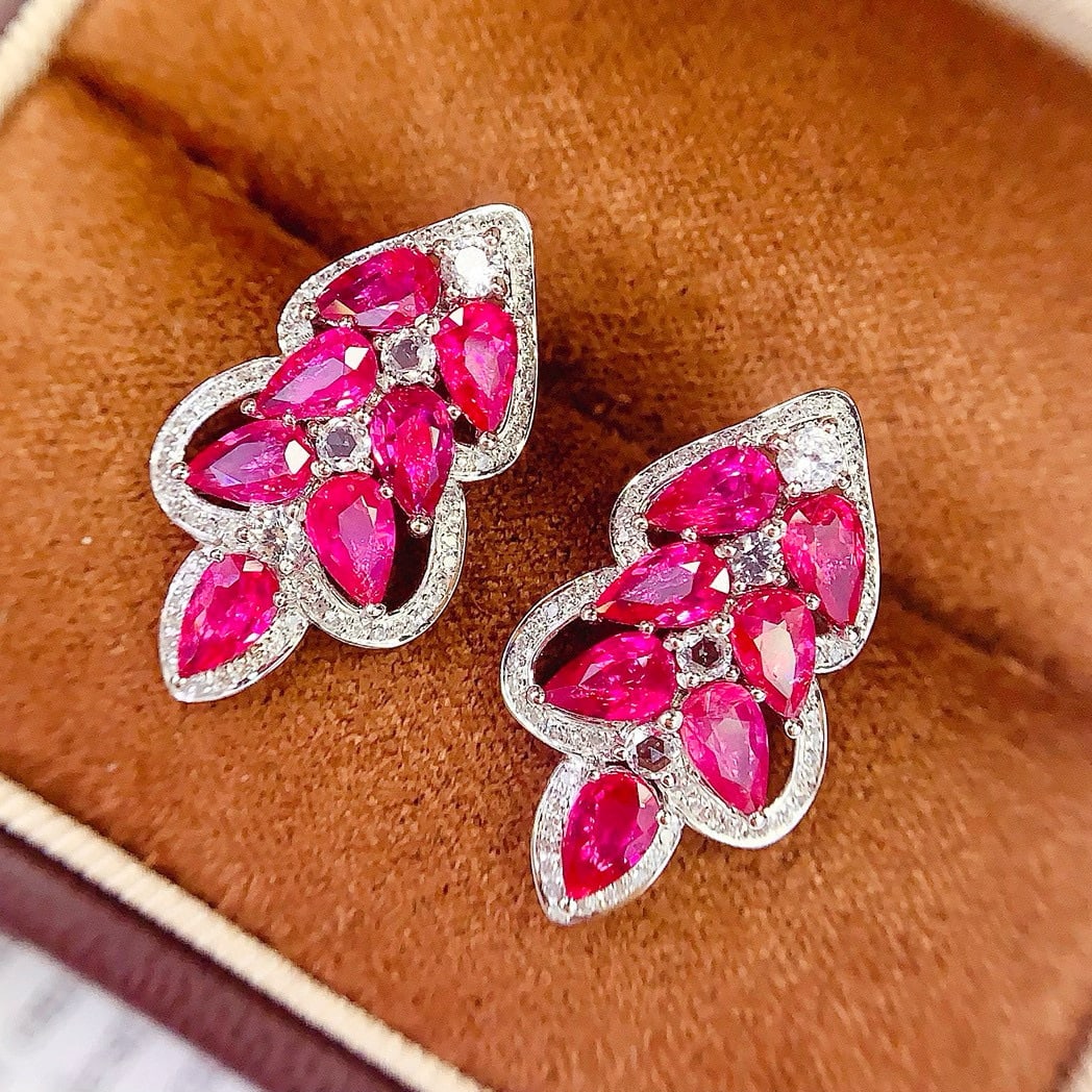 14k Gold 6.25 Ct Natural Ruby & Diamond Earrings - 4
