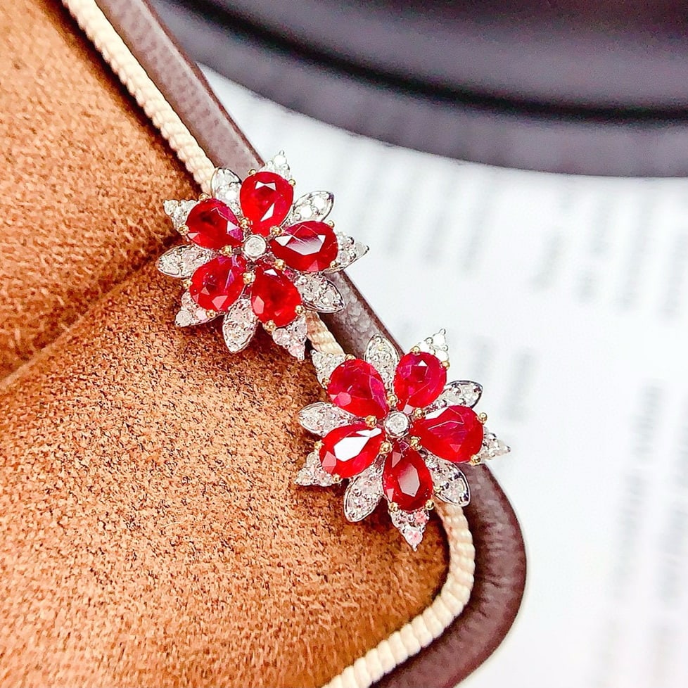 14k Gold 2 Ct Vivid Red Natural Ruby & Diamond Earrings - 2