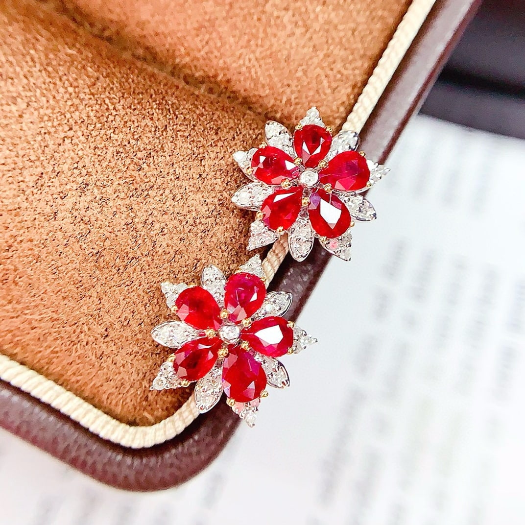 14k Gold 2 Ct Vivid Red Natural Ruby & Diamond Earrings - 3