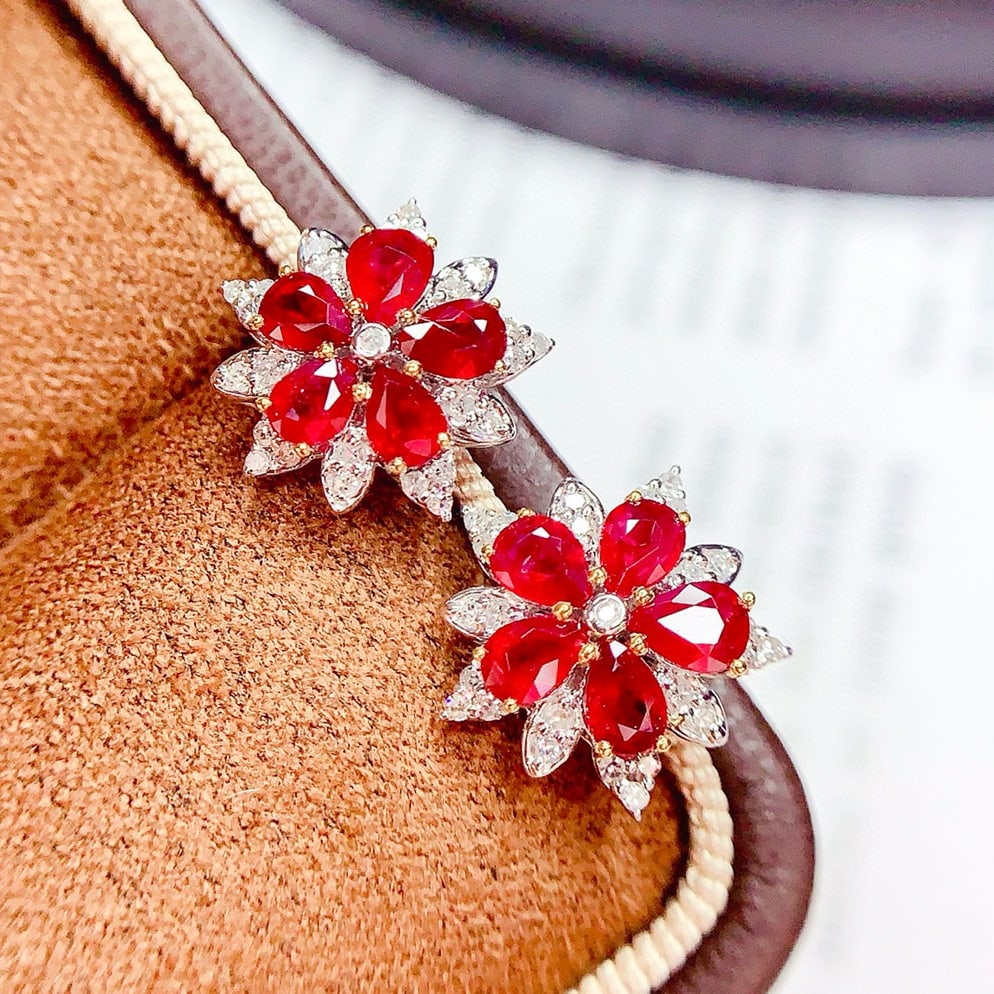 14k Gold 2 Ct Vivid Red Natural Ruby & Diamond Earrings - 4