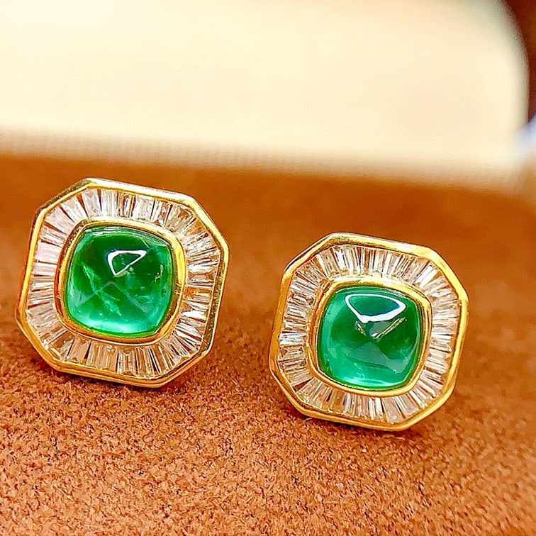 14k Gold 2 Ct Natural Emerald & Diamond Earrings - 2