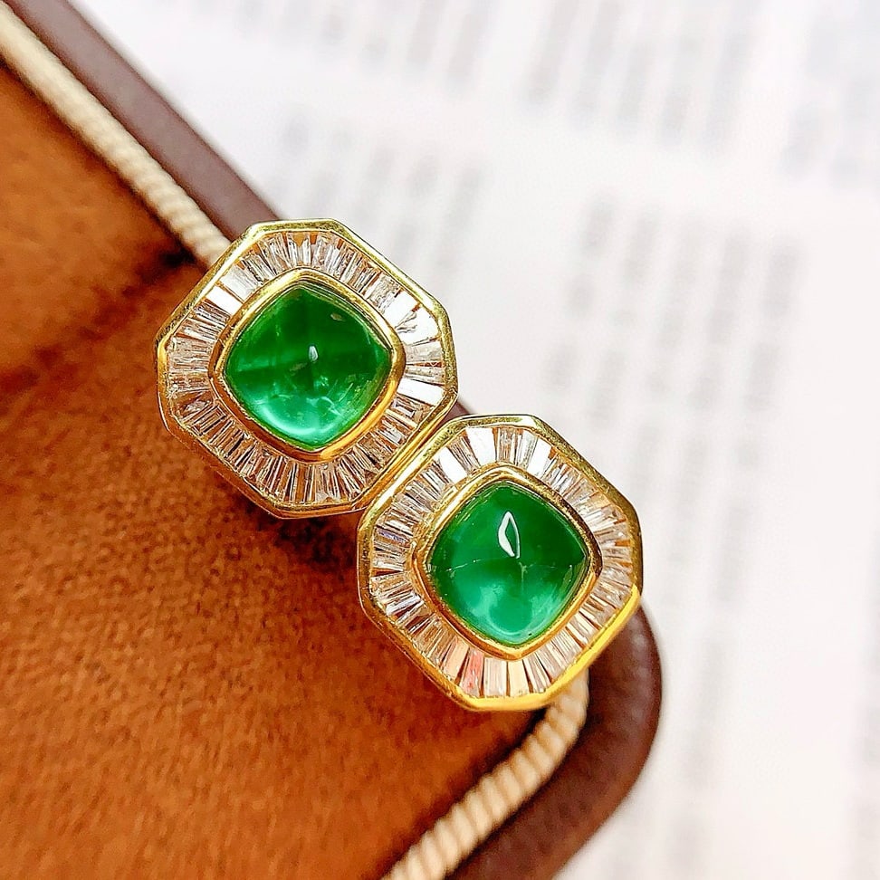 14k Gold 2 Ct Natural Emerald & Diamond Earrings - 3