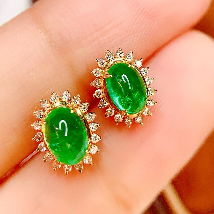 14k Gold 1.5 Ct Natural Emerald & Diamond Earrings - 2