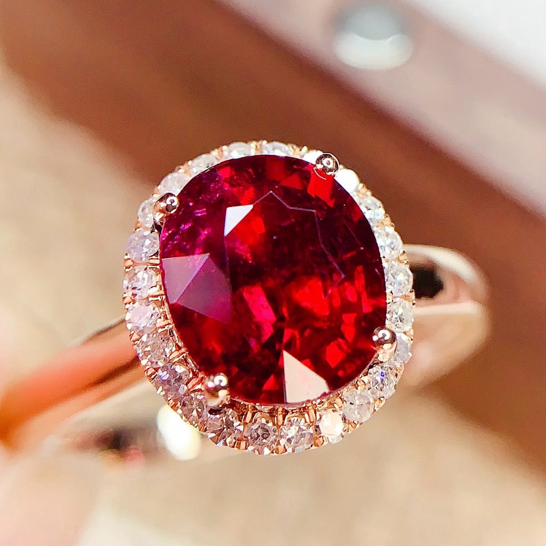 14k Gold 2.35 Ct Natural Tourmaline & Diamond Ring: Ref:230958429 // gold content:14k gold // ring size:7. 25us // // main gemstone:tourmaline // shape:oval // carat weight:2. 35ct // color:red // treatment:natural // // adjacent gemstone 2 :