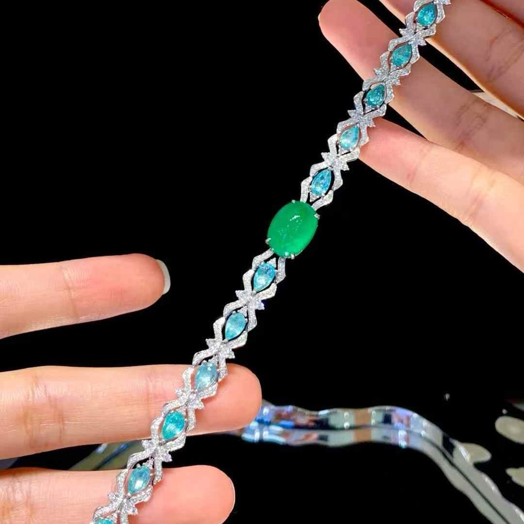 14k Gold 9.1 Ctw Natural Emerald & Paraiba Tourmaline Bracelet - 2