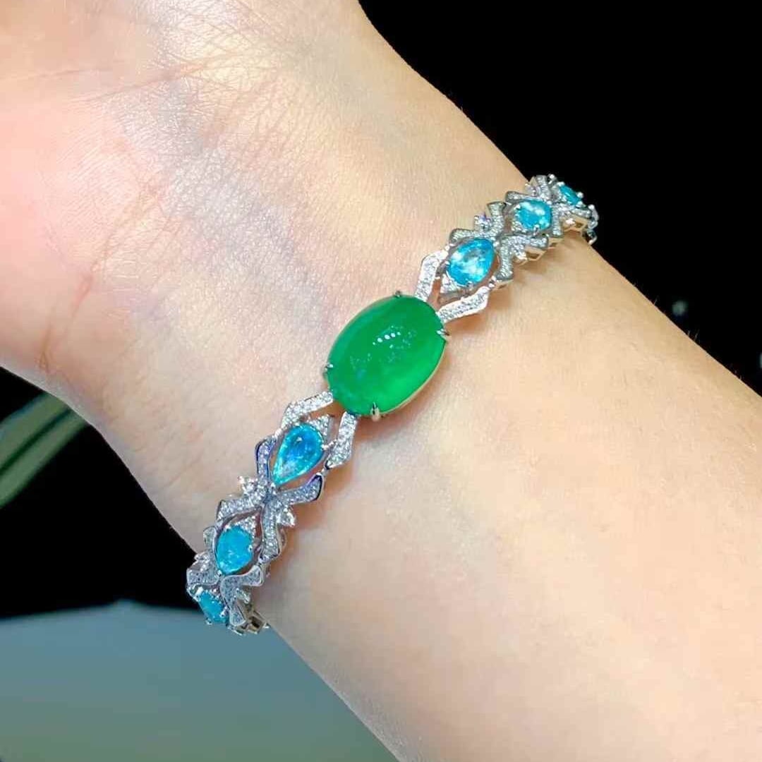 14k Gold 9.1 Ctw Natural Emerald & Paraiba Tourmaline Bracelet - 5