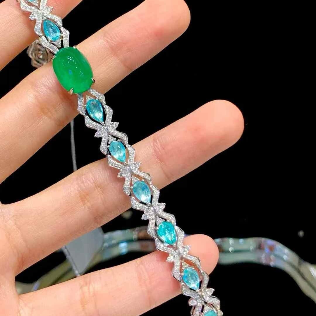 14k Gold 9.1 Ctw Natural Emerald & Paraiba Tourmaline Bracelet - 6