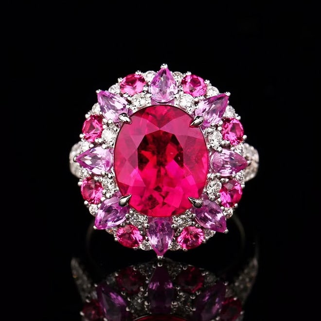 14k Gold 5.49 Ctw Natural Tourmaline & Diamond Ring: Ref:231059049 // gold content:14k gold // ring size:7. 25us // // main gemstone:tourmaline // shape:oval // carat weight:4. 86ct // color:red // treatment:natural // // adjacent gemstone 2 :