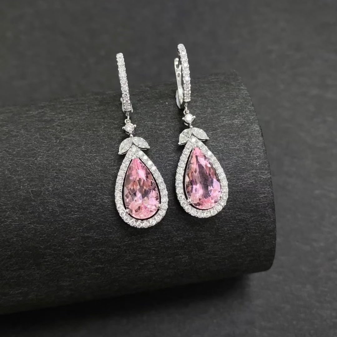 14k Gold 5.10 Ctw Natural Morganite & Diamond Earrings: Ref:231059055 // gold content:14k gold // main gemstone:morganite // shape:pear // carat weight:4. 18ct // color:pink // treatment:natural // // adjacent gemstone 2 : diamond // shape:multiple //