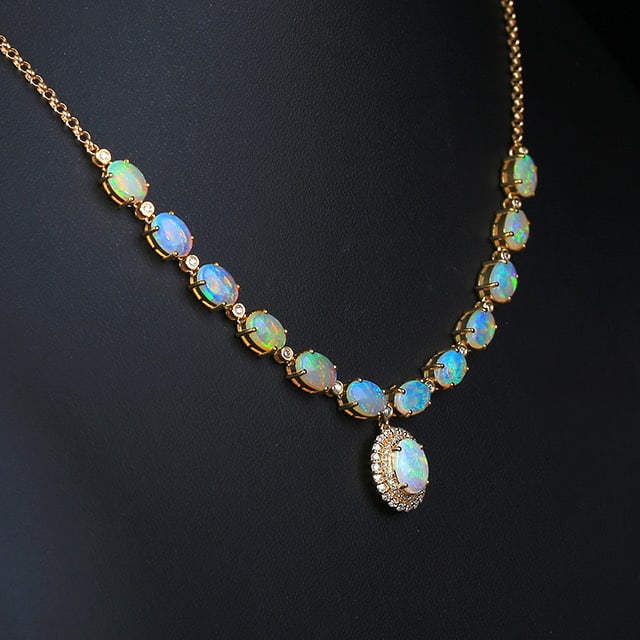 14k Gold 5.78 Ctw Natural Opal & Diamond Necklace - 3
