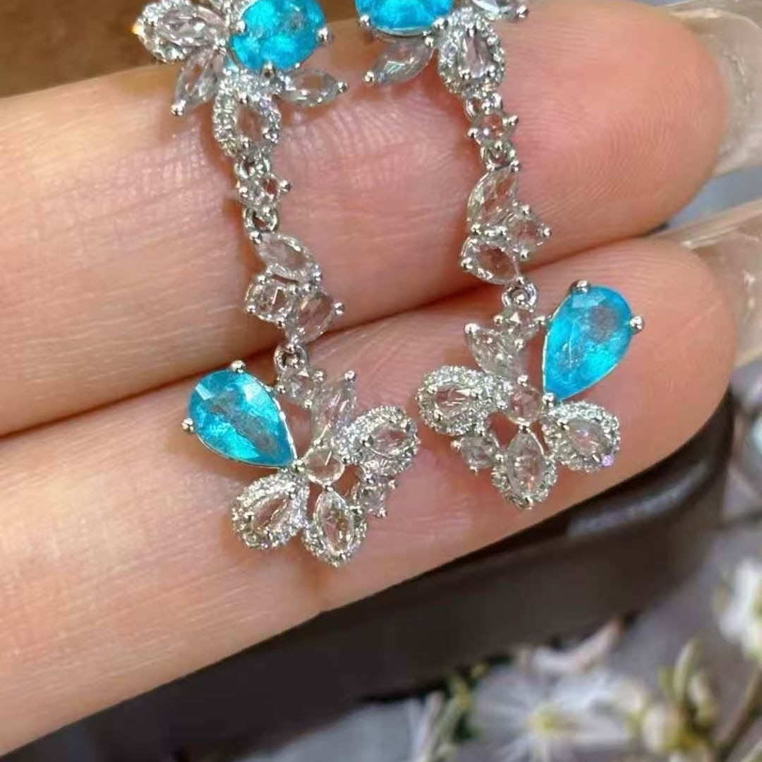 14k Gold 1.15 Ct Natural Paraiba Tourmaline & Diamond & Sapphire Earrings - 2