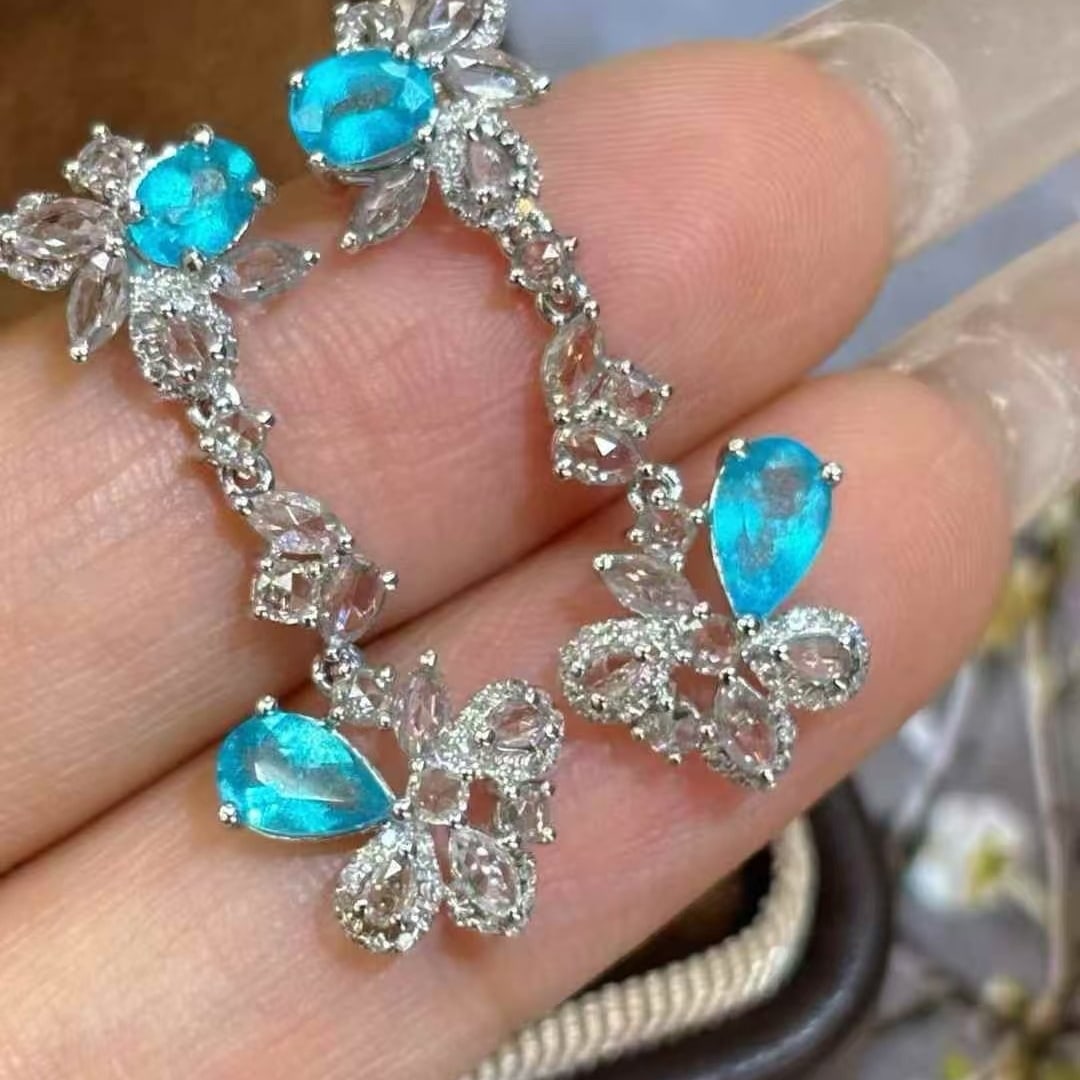 14k Gold 1.15 Ct Natural Paraiba Tourmaline & Diamond & Sapphire Earrings - 4