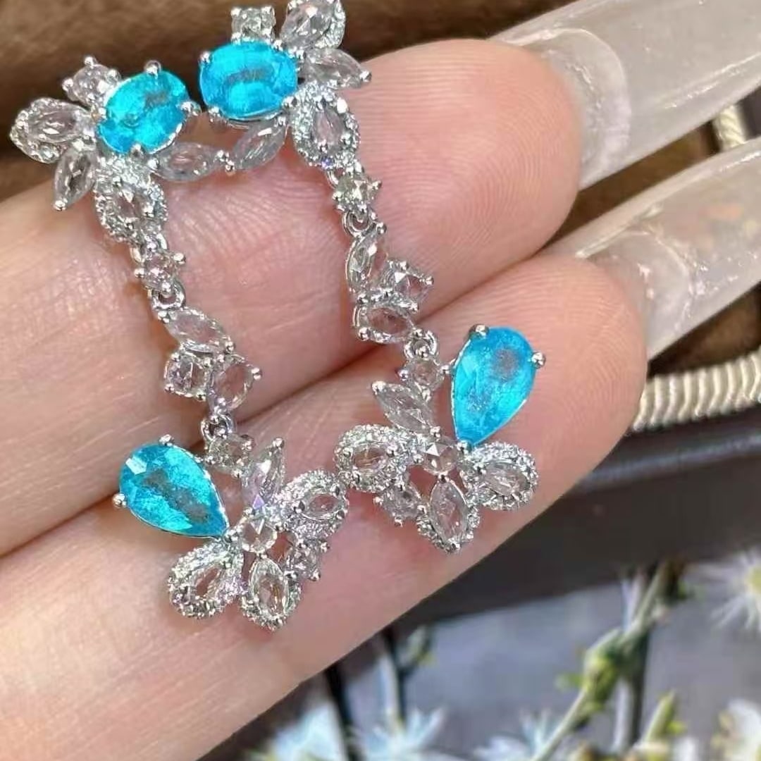 14k Gold 1.15 Ct Natural Paraiba Tourmaline & Diamond & Sapphire Earrings - 5