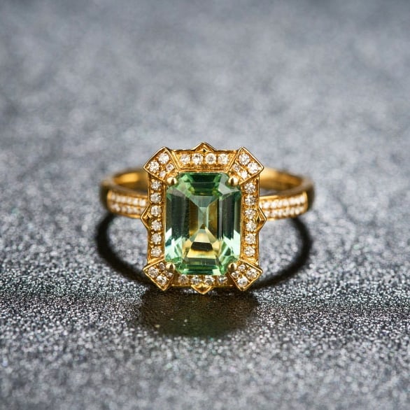 14k Gold 2.4 Ctw Natural Tourmaline & Diamond Ring: Ref:231059093 // gold content:14k gold // ring size:7. 25us // // main gemstone:tourmaline // shape:octagonal // carat weight:2. 0ct // color:green // treatment:natural // // adjacent gemstone 2 :