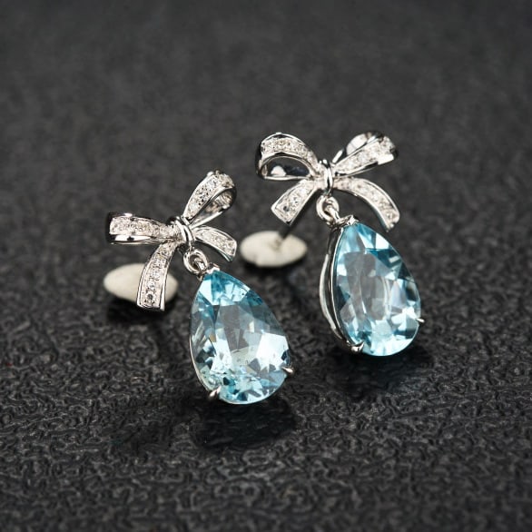 14k Gold 3.75 Ct Natural Aquamarine & Diamond Earrings - 3