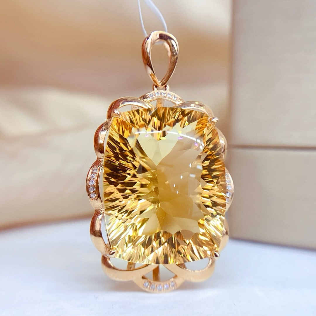 14k Gold 25.15 Ct Natural Citrine & Diamond Pendant( Without Chain ) - 2