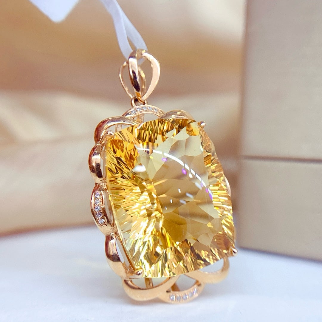 14k Gold 25.15 Ct Natural Citrine & Diamond Pendant( Without Chain ) - 3