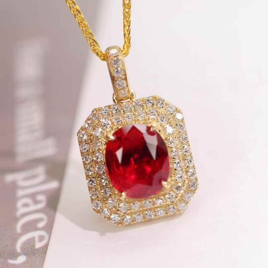 14k Gold 1.75 Ctw Natural Ruby & Diamond Pendant( Without Chain ): Ref:231059108 // gold content:14k gold // main gemstone:ruby // shape:oval // carat weight:1. 45ct // color:pigeonblood red // treatment:natural // // adjacent gemstone 2 : diamond // shape:round