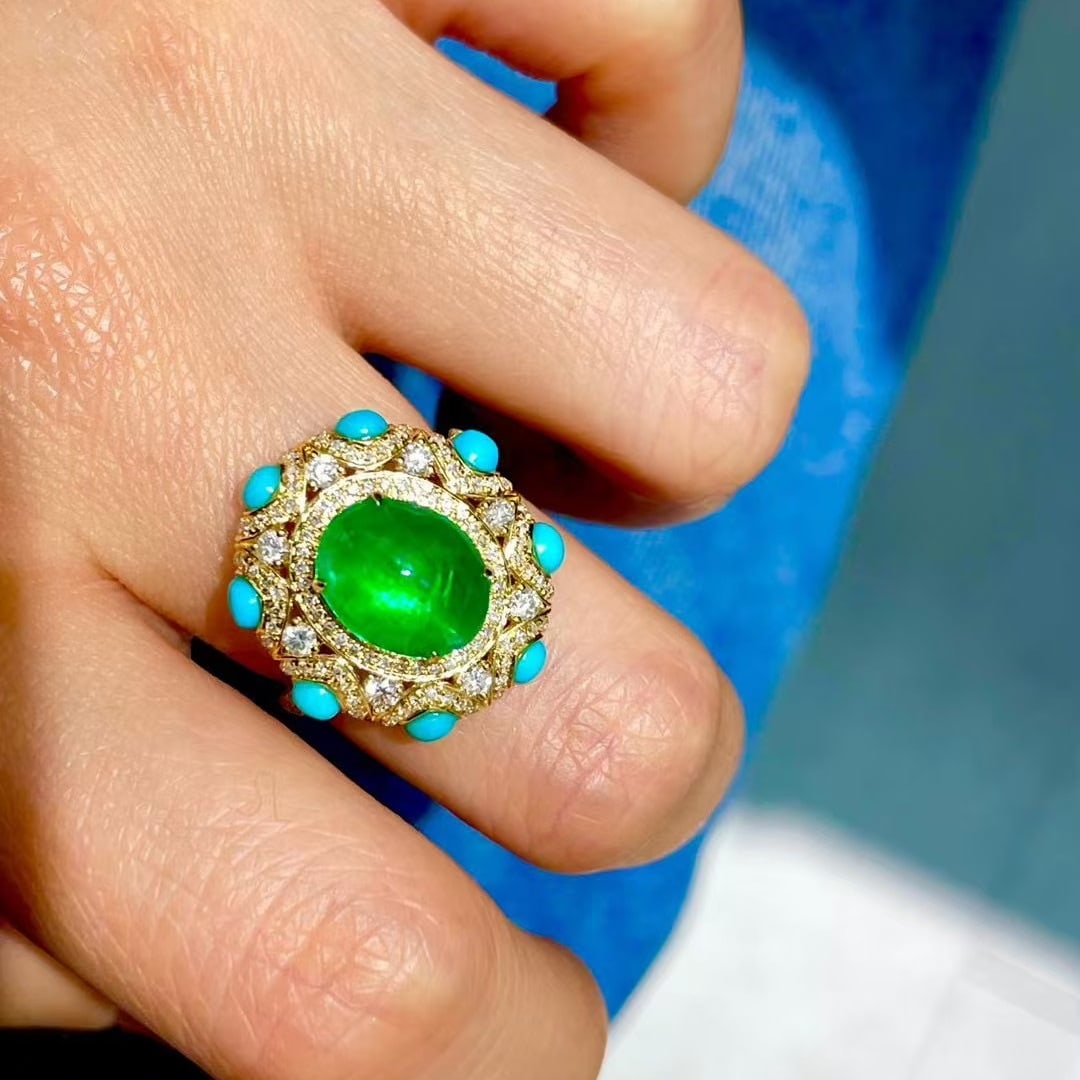 14k Gold 2.72 Ct Vivid Green Natural Emerald & Diamond & Turquoise Ring - 3