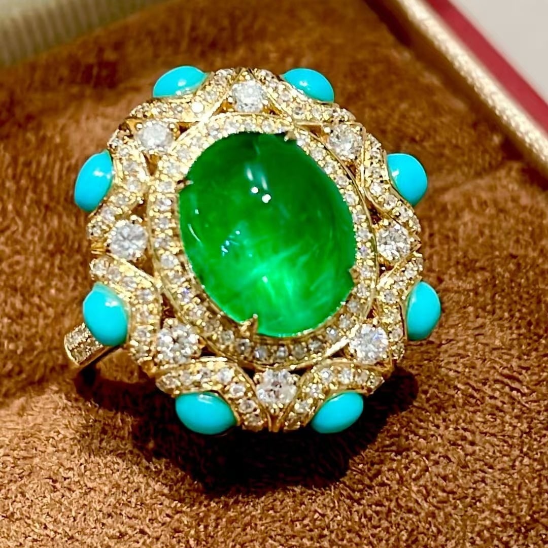 14k Gold 2.72 Ct Vivid Green Natural Emerald & Diamond & Turquoise Ring - 4