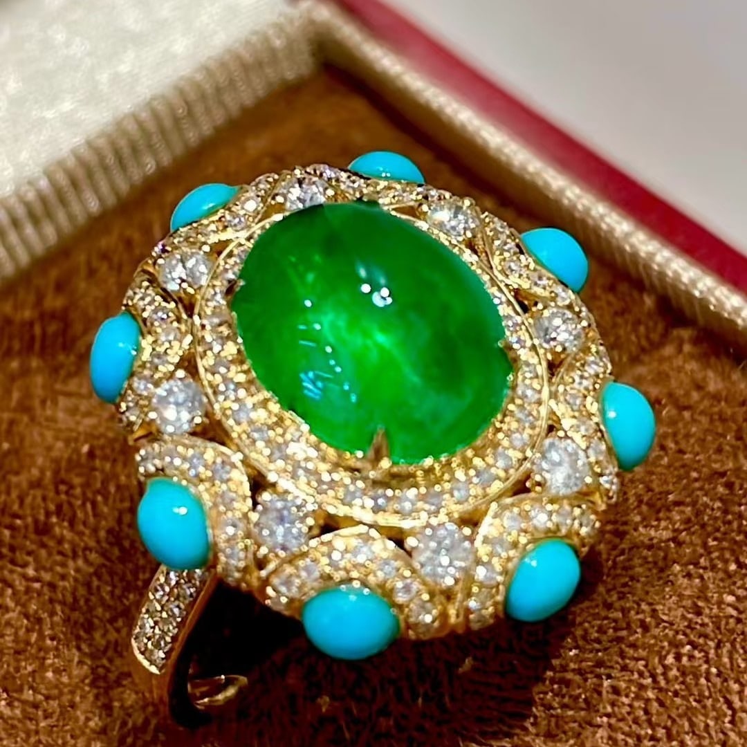 14k Gold 2.72 Ct Vivid Green Natural Emerald & Diamond & Turquoise Ring - 6