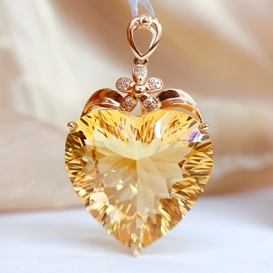 14k Gold 32 Ct Natural Citrine & Diamond Pendant( Without Chain ) - 2