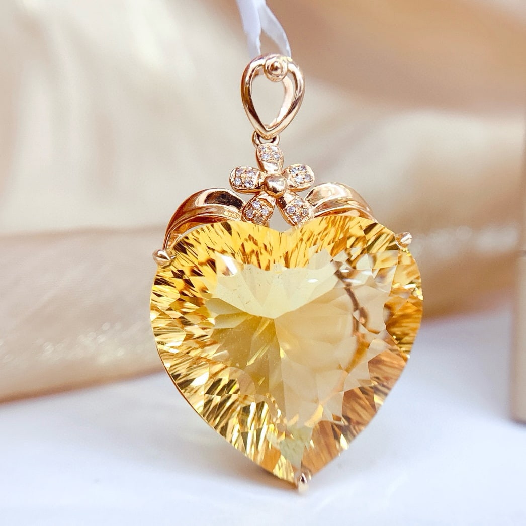 14k Gold 32 Ct Natural Citrine & Diamond Pendant( Without Chain ) - 3